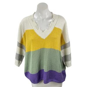 La Miel Women's Multicolor Colorblock Striped Distressed V Neck Sweater Top S